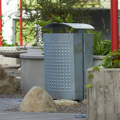 A large steel bin for outdoor use.